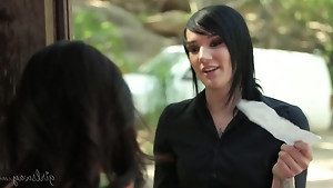 Black haired delivery girl gets a tip from a girl in the form of some hot lesbian sex.