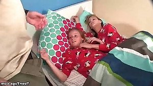 Stunning teenies give a double teen handjob to one of the luckiest dude, like ever.